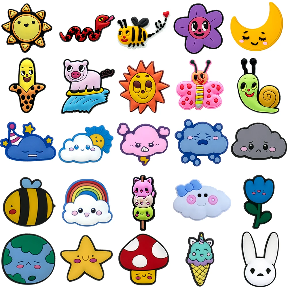 1/25PCS Cute Cartoon Nature Shoe Charms Set DIY Decorative Pins Sun Moon Cloud Bee Women Men Clogs Accessories Shoe Buckles