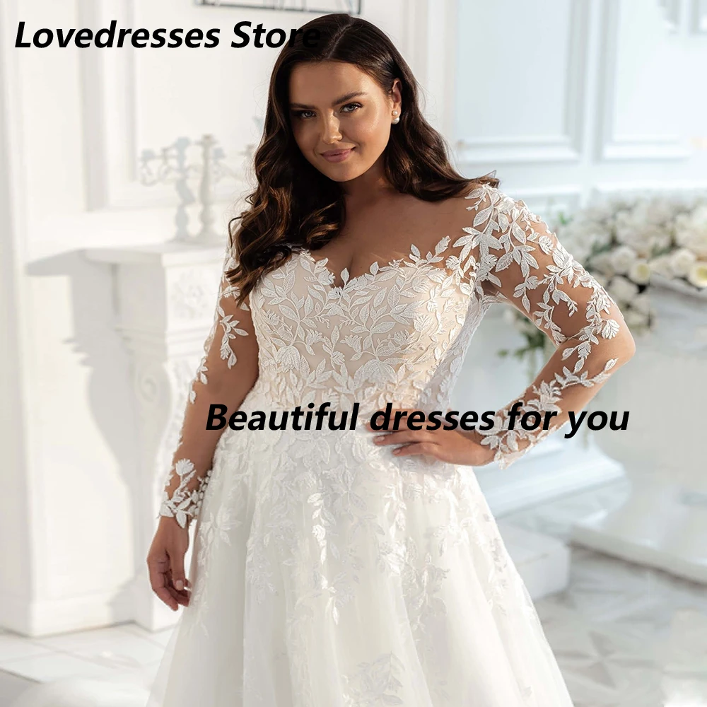 ชุดแต่งงานไซส์ใหญ่ ผ้าลูกไม้ สง่างาม สำหรับผู้หญิงรูปร่างใหญ่ แขนยาว คอวี ทรงเอไลน์ ผ้าทูลล์ ชุดเจ้าสาว  สามารถสั่งตัดได้