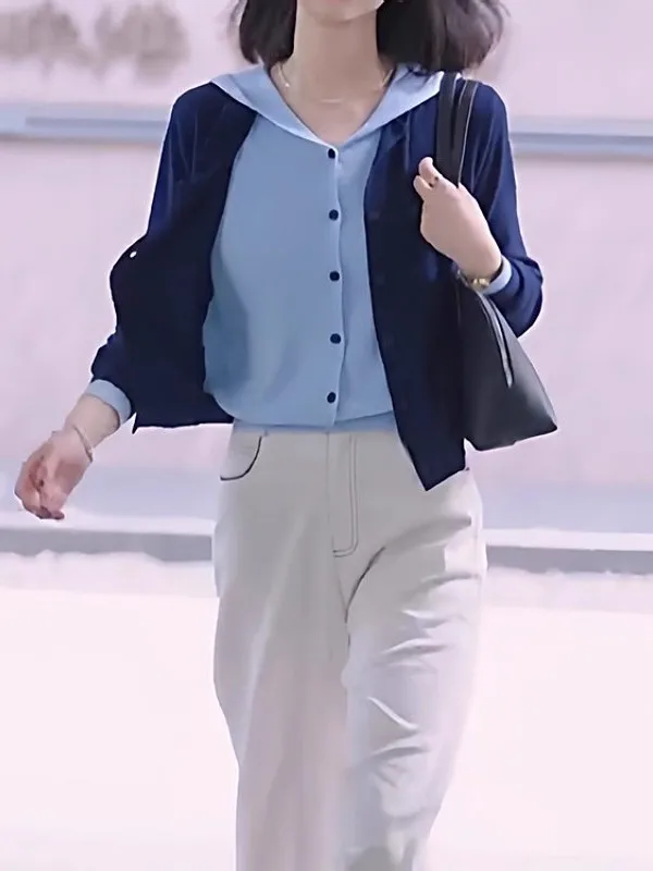 

Свободный вязаный кардиган с длинными рукавами для женщин больших размеров, весенняя верхняя одежда, повседневный стиль, дизайн с цветовыми блоками, на пуговицах