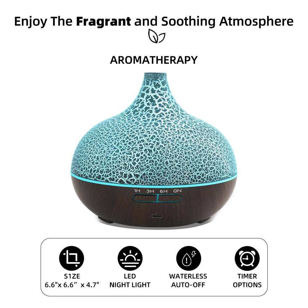 550ml Ultrasonic Essential Oil Diffuser with Crack Design, Auto Shut Off, Quiet Humidifier for Bedroom, Office, Spa.