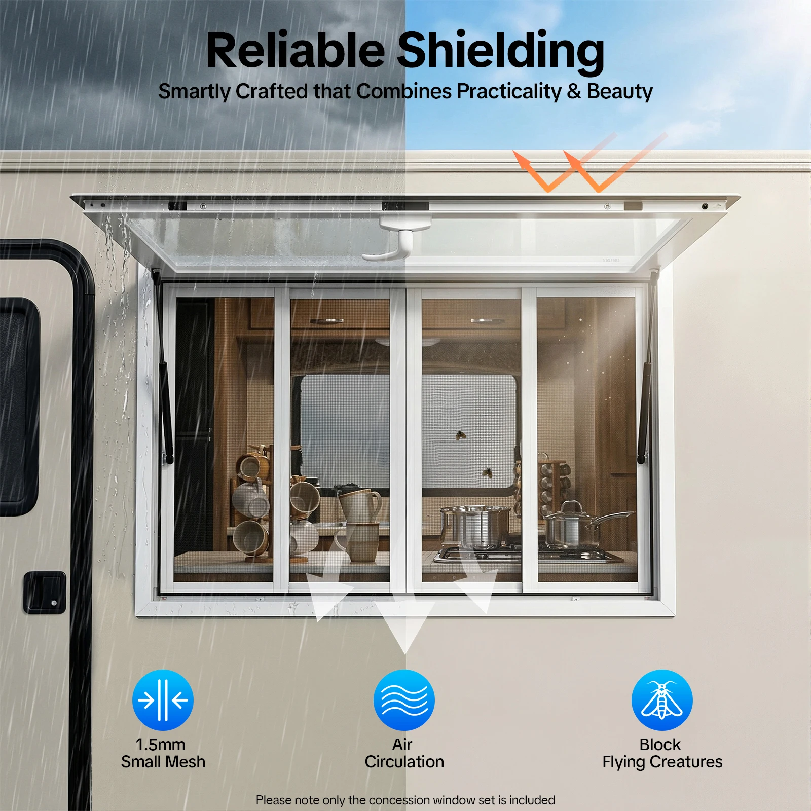 Food Truck Concession Window 45 X 30 Inch 4 Sliding Screen Windows 80° Pneumatic Rod Concession Stand Window for Food Trailer RV