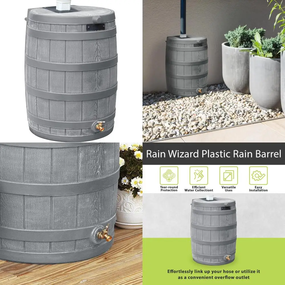 Tanque de cosecha de agua de lluvia ecológico de 50 galones con grifo de latón para conservación de agua en el hogar al aire libre