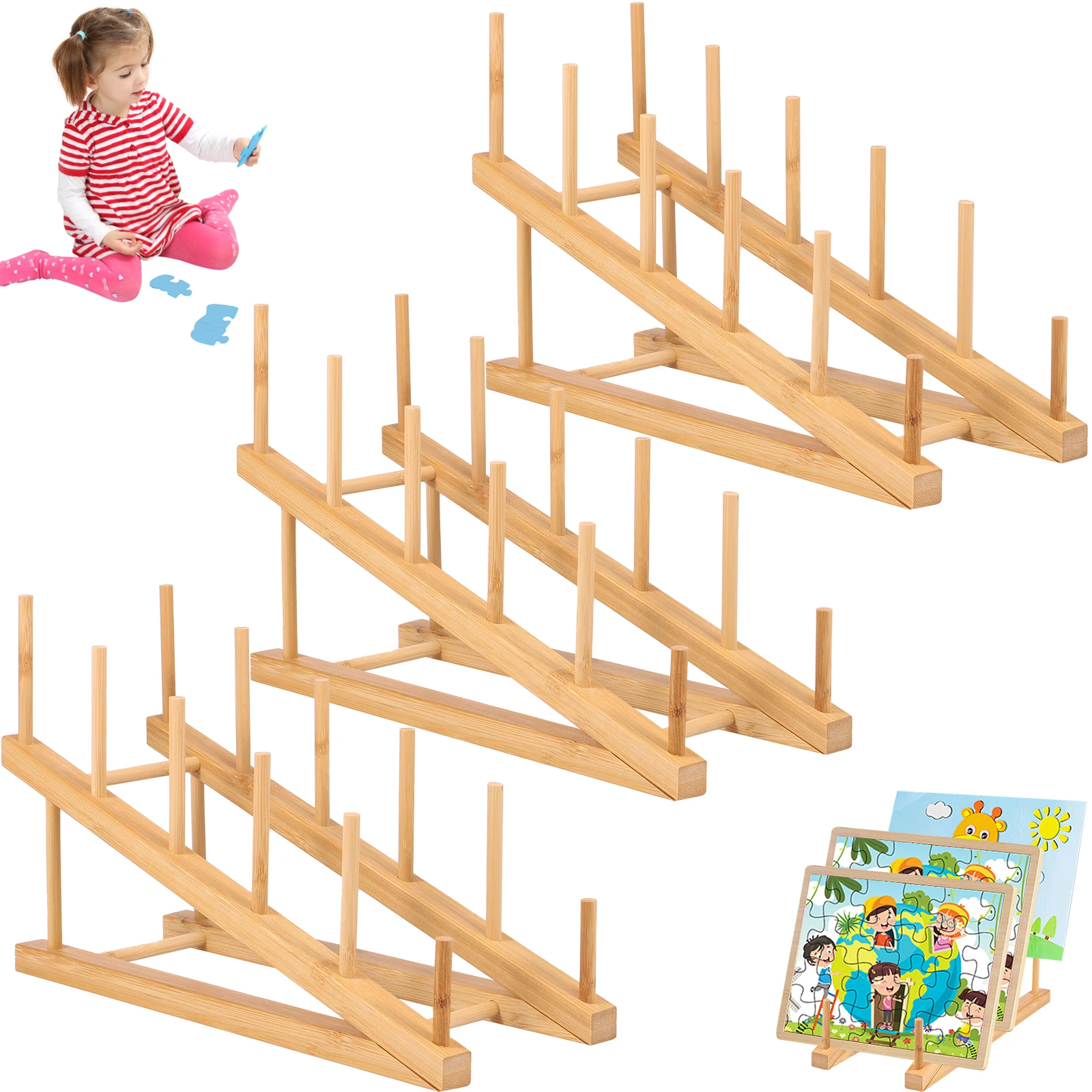 

3 Pcs Wooden Puzzle Display Stand Jigsaw Puzzle Holder Rack, Portable Puzzle Storage Rack Organizer Shelf for Craft Collection