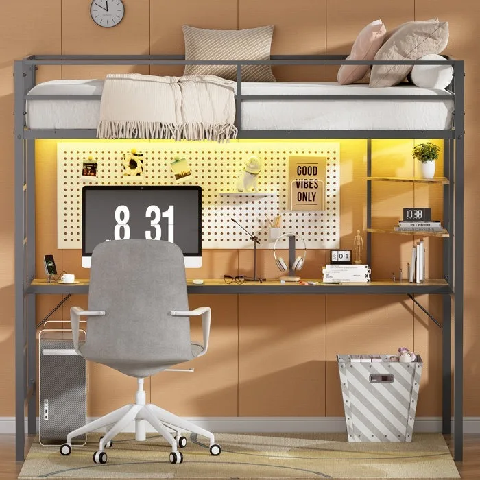 Factory Wholesale Modern Loft Beds Double Size Tables Shelves Metal Frames Guardrail Stairs Sockets Lights Apartment Bedroom