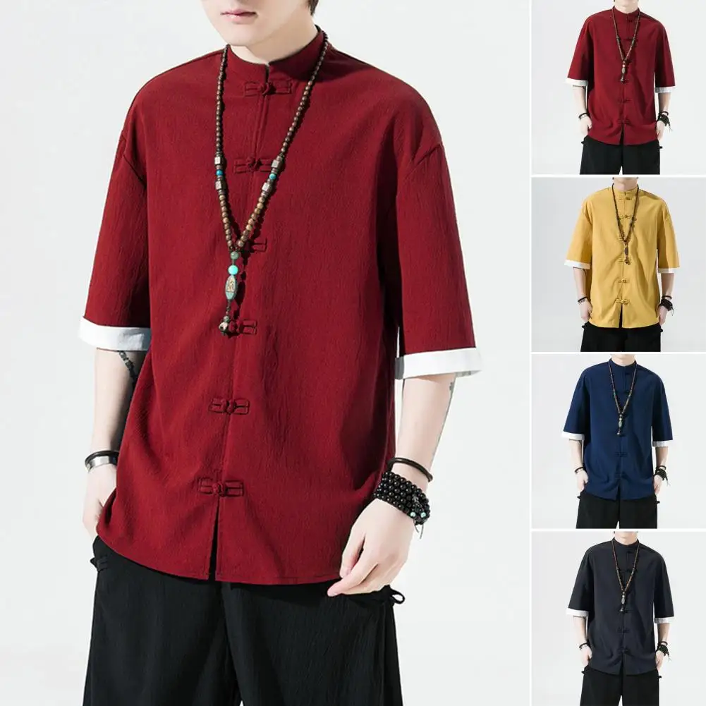 

Men Shirt Chinese Style Ice Silk Shirts Knot Button Single-breasted Mid Length Half Sleeves Loose Cardigan Top Hanfu Costume