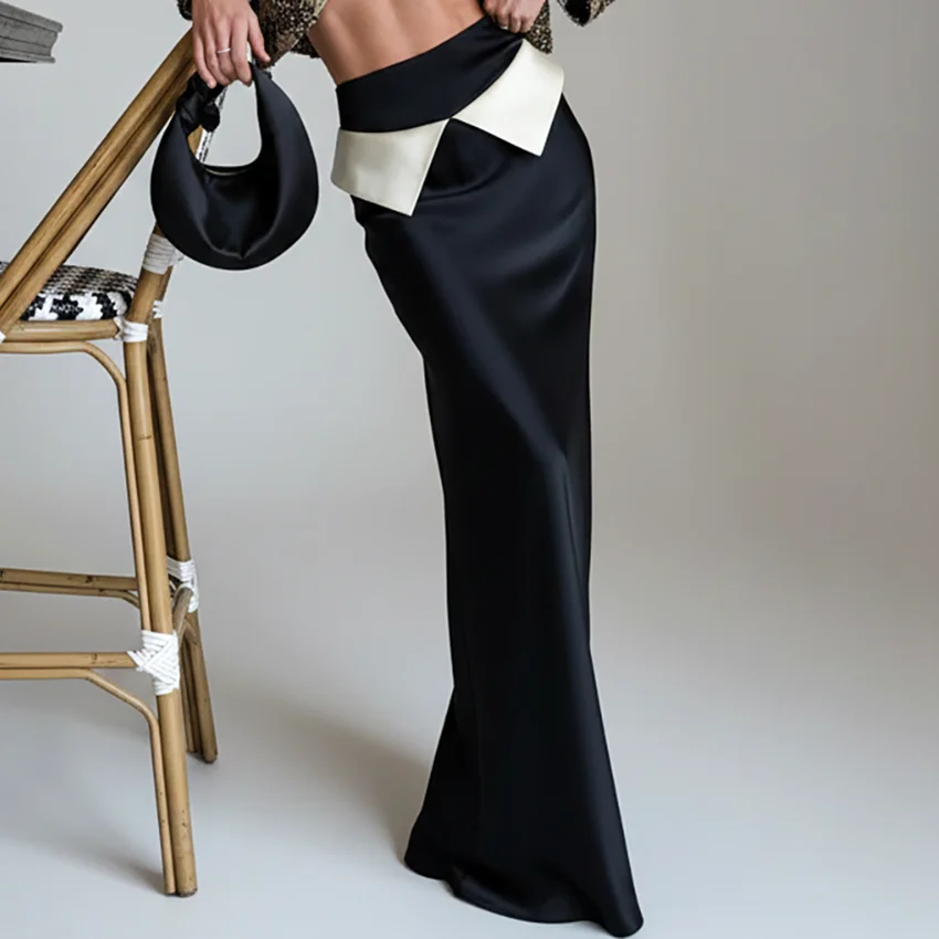 

Linad Elegant Black Satin Patchwork Long Skirts Woman Fashion High Waist Straight Skirt Spring Party Zipper Skirts Female 2026