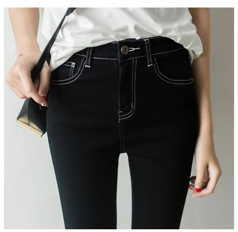 Hohe Taille Slim Fit Bla Denim Jeans Damen Bright Tead Kontrastfarbe Frühling Herbst Baumwolle Stretch Reißverschluss Bleistifthose