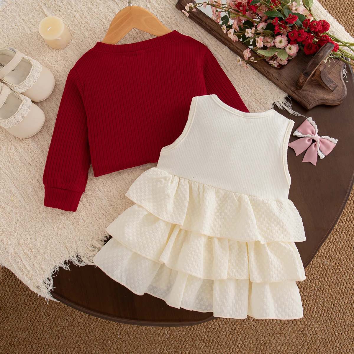 Baby-Mädchen-Kleidungsset: Rote Strickjacke mit Schleife und ärmellosem mehrlagigem Kleid, 2-teiliges Prinzessinnen-Outfit für Mädchen für die Weihnachtsfeier – Detail 15