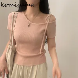 Korean Chic Bandage Bow Ropa Mujer Short Sleeve Camisetas U-neck Women 2024 Tops Summer T Shirt Feminino Sexy Clothes