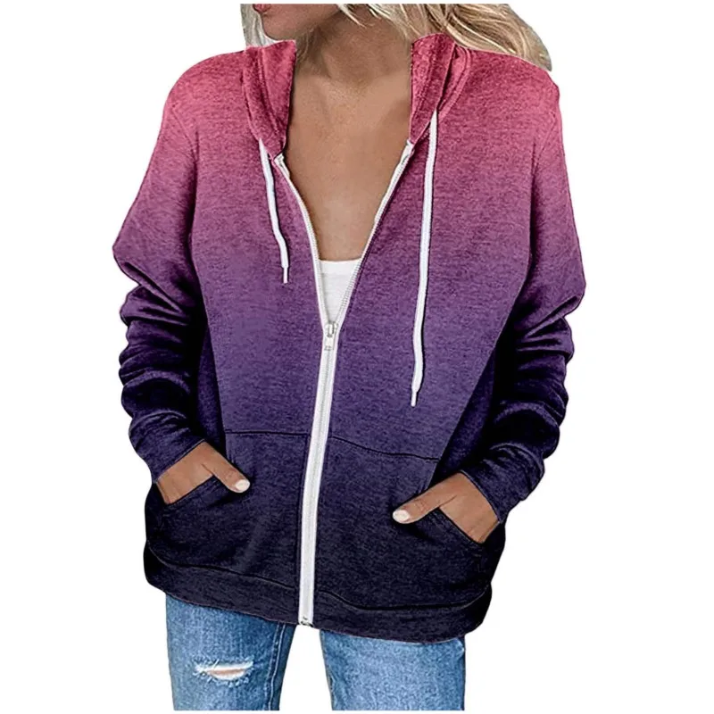 Spring Autumn Women Gradient Color Sweatshirt Coat Hooded Drawstring Long Sleeve Pockets Zipper Placket Halloween Outerwear