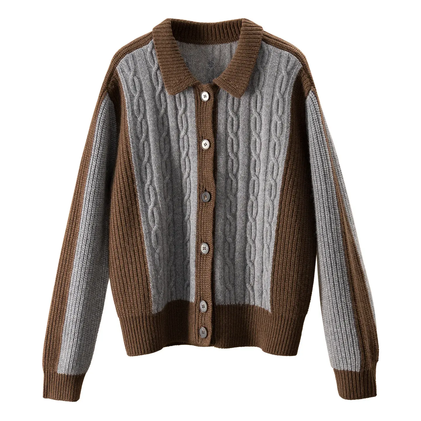 Static Luxury Gray Brown Sweater 100% Cashmere Color Matching Lapel Sweater Cardigan Jacket Women 440g E363