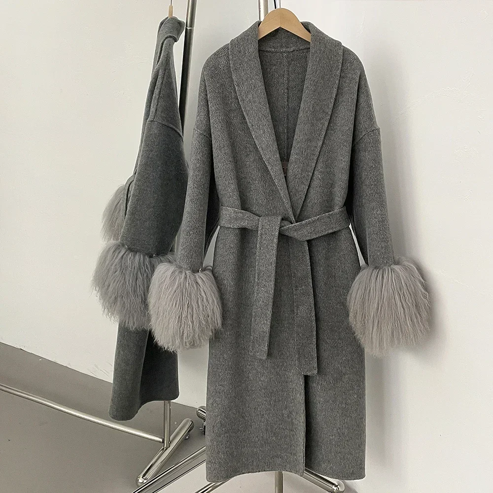 Elegant Fur Coat Wool Coat Office Lady Fur Removable Real Fur Cuffs Jacket Fox Fur Coat Women Double-sided Wool Blead Coat