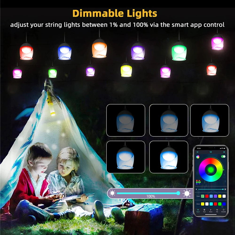 10m/12.5m LED Outdoor Light String RGB Bluetooth Music Light String APP Remote Control Hanging Patio Lamp for Home Party Decor