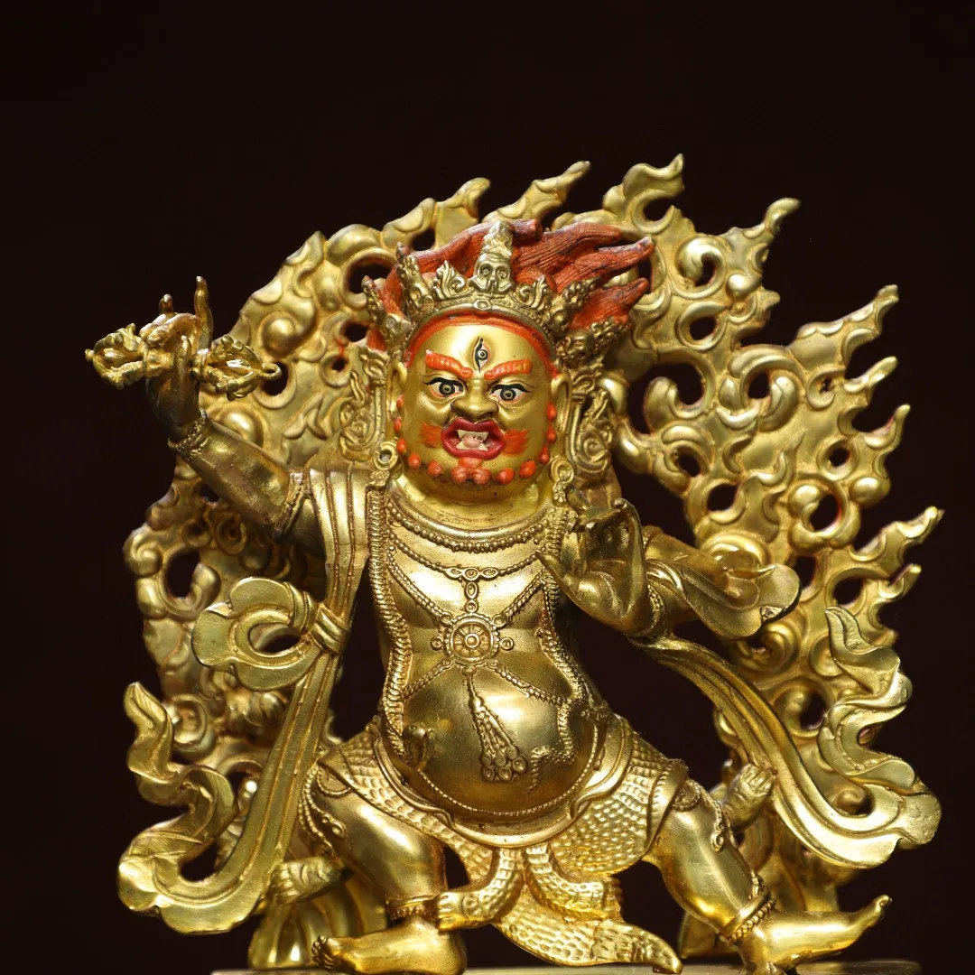 Tibetan Brass Gilt Painted Face Maha Backlit King Kong Hand Buddha Statue of God of Wealth Home Chinese Ornament 23cm