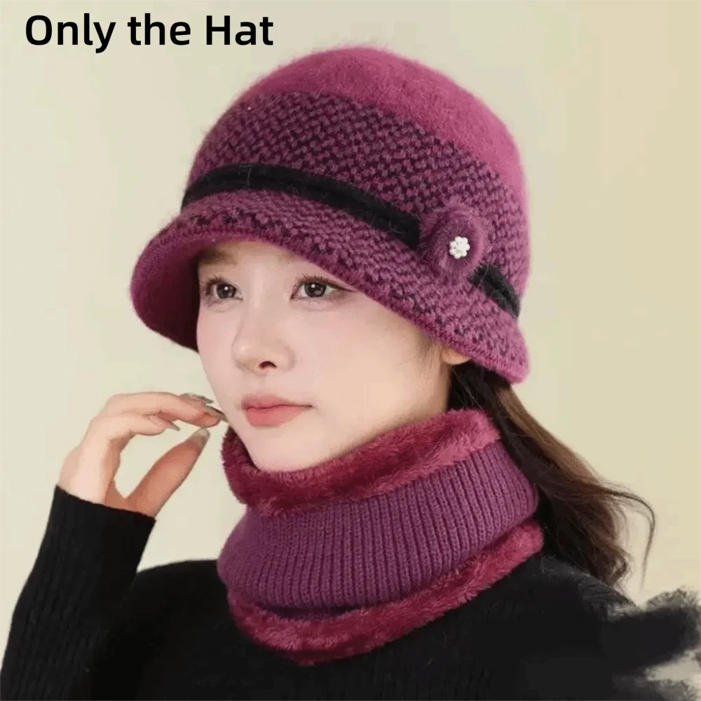 

Fashion Flower Decor Women Winter Hat Thickened Fur Lined Fur Cap Thermal Warm Knitted Hat Elderly Women