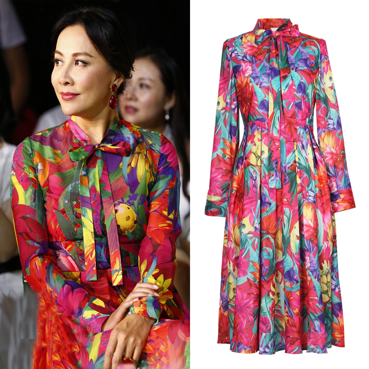 

High quality European and American spring and summer 2022 new fashion printing temperament slim slim mid length dress women