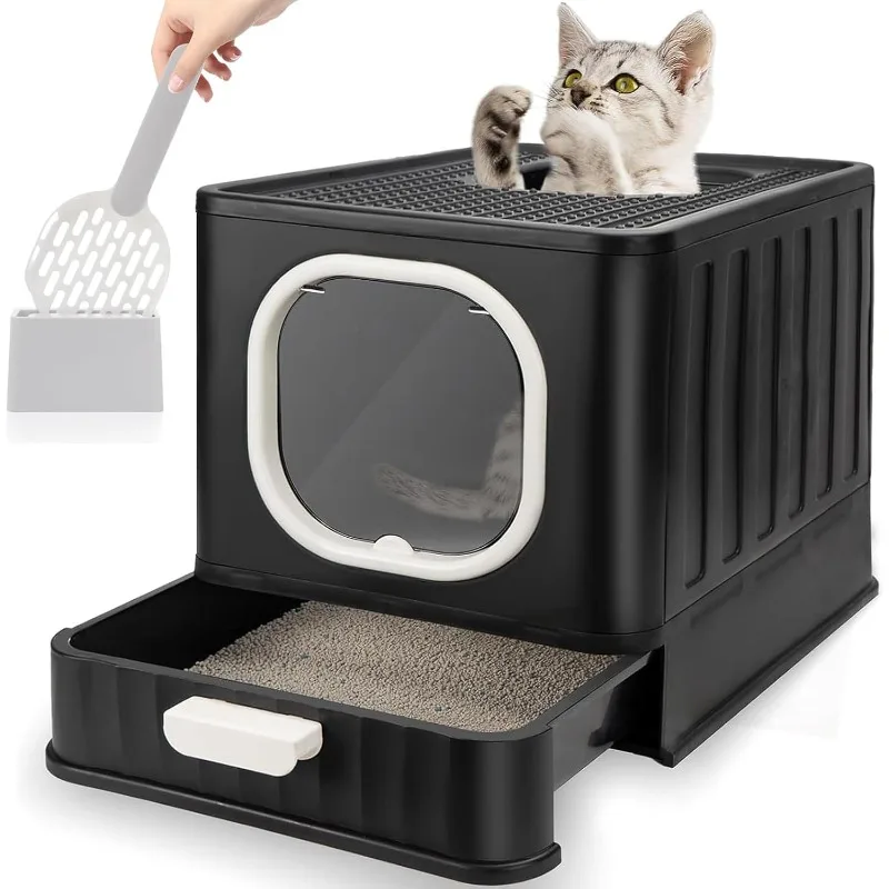 Foldable Cat Litter Box with Lid, Fully Enclosed Anti-Splashing Cat Kitty Litter Pan with Handle,Cat Potty Front Entry Top Exit,