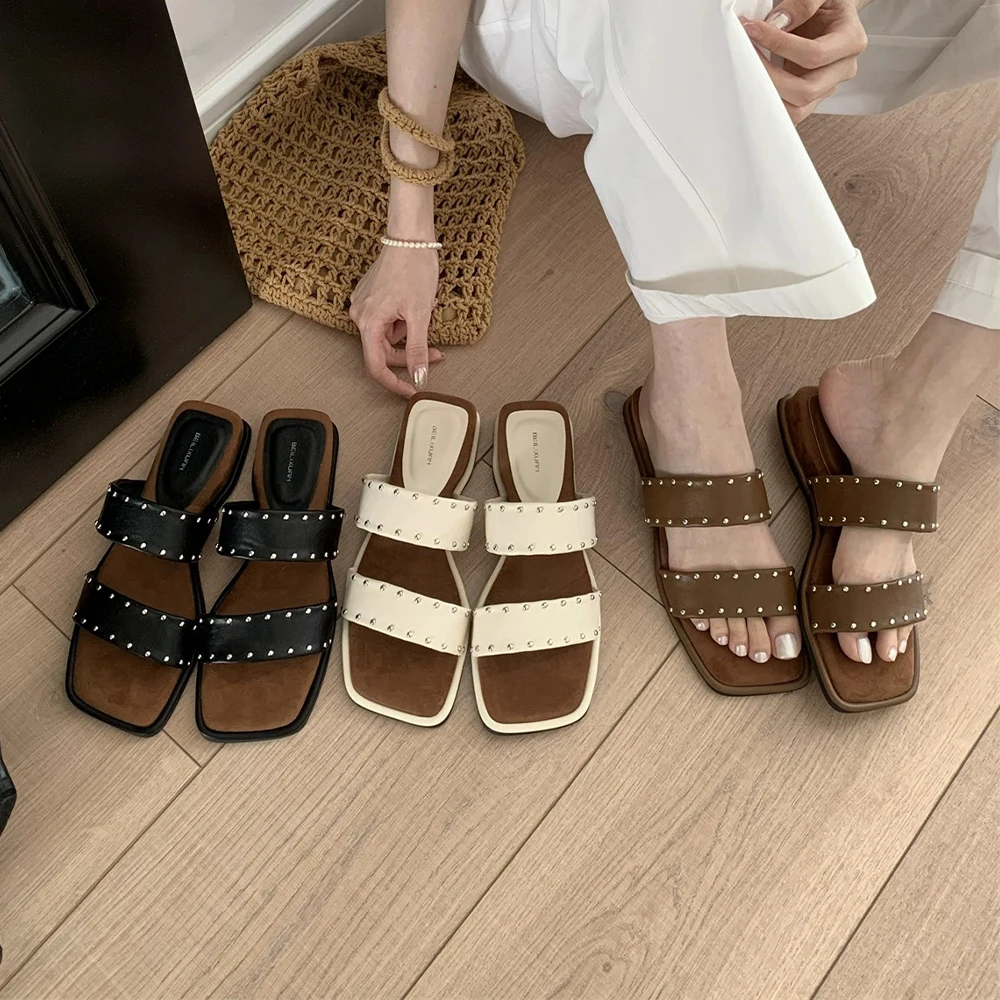 

Wide Width Sandals for Women Dressy Wedge Sandals Summer Casual Open Toe Slip On Slippers Rivet with Arch Support