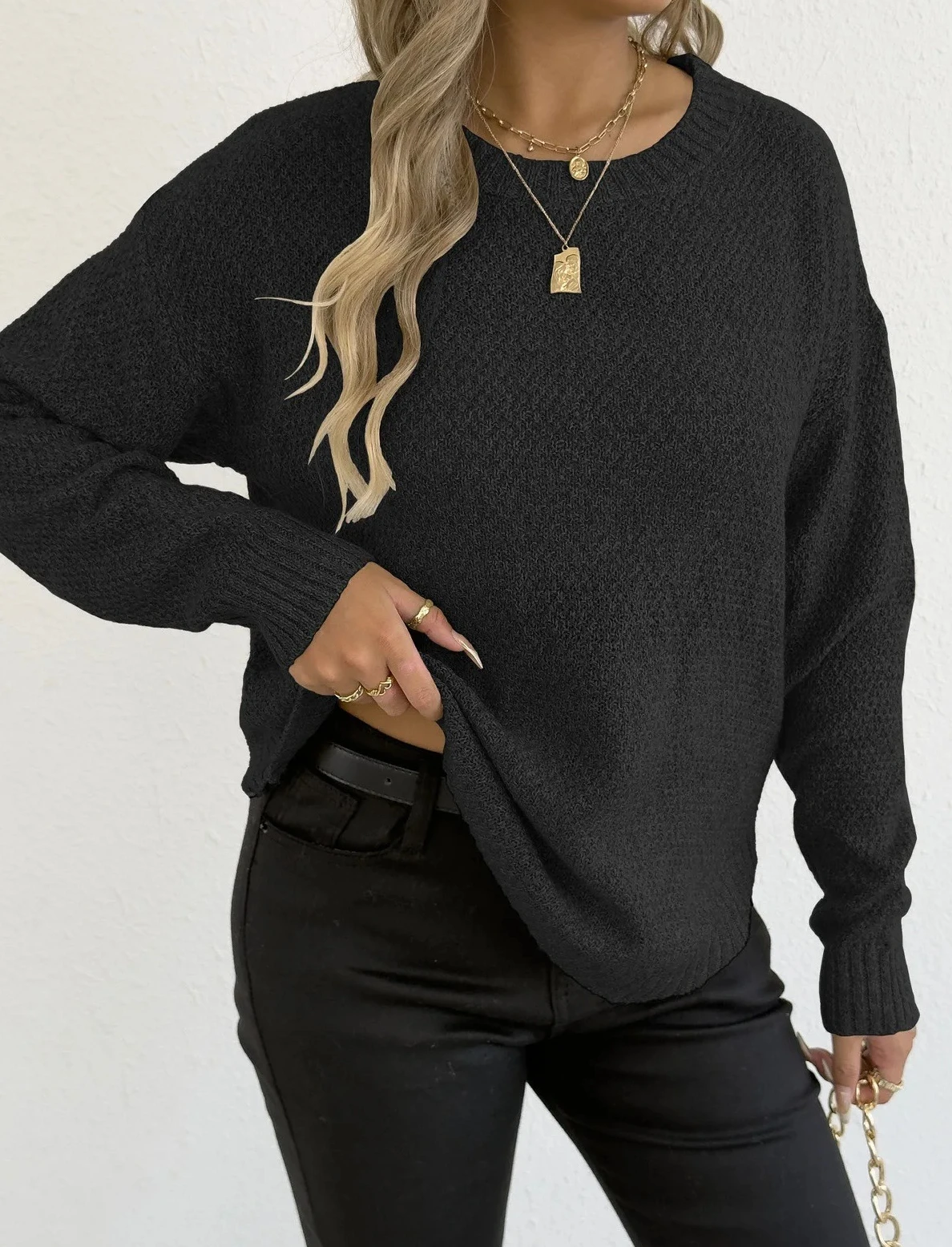 Women Casual Solid Color Round Neck Pullover Sweater Fashion Long Sleeved And Waist Cinched Short Sweaters  Lady Daily Top