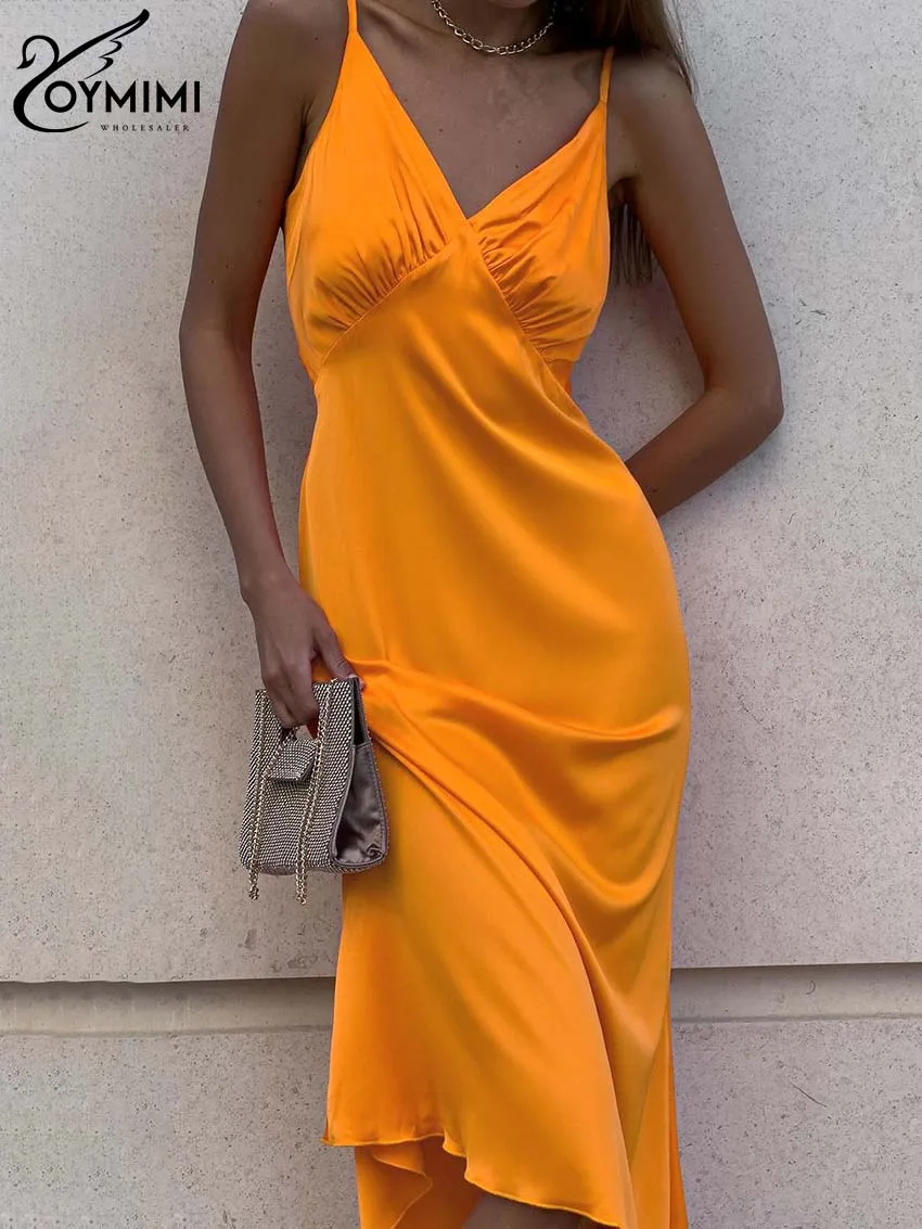 Oymimi Casual Orange Satin Women\'s Dress Fashion Spaghetti Strap Open Back Dresses Autumn Slim Straight Mid-Calf Dresses Female