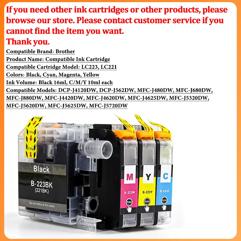 SET LC221 LC223 Ink Cartridge KCMY Compatible For Brother DCP-J562DW J4120DW MFC-J480DW J680DW J880DW J4620DW 5720DW Printer