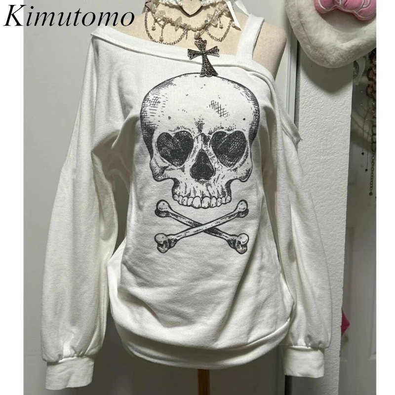 Kimutomo Harajuku T Shirts Women Vintage Slim Off Shoulder Skulls Printed Long Sleeve Punk Style Gothic Sexy Tops Y2k Tshirt