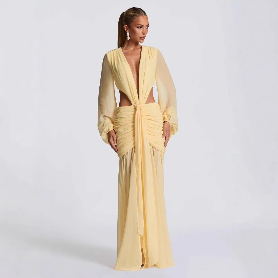 

2025 Women's Chiffon Dress with Sheer Sleeves, Sexy Backless Fashion Solid Color Hollow Out Long Sleeve Maxi Dress Vestido Women