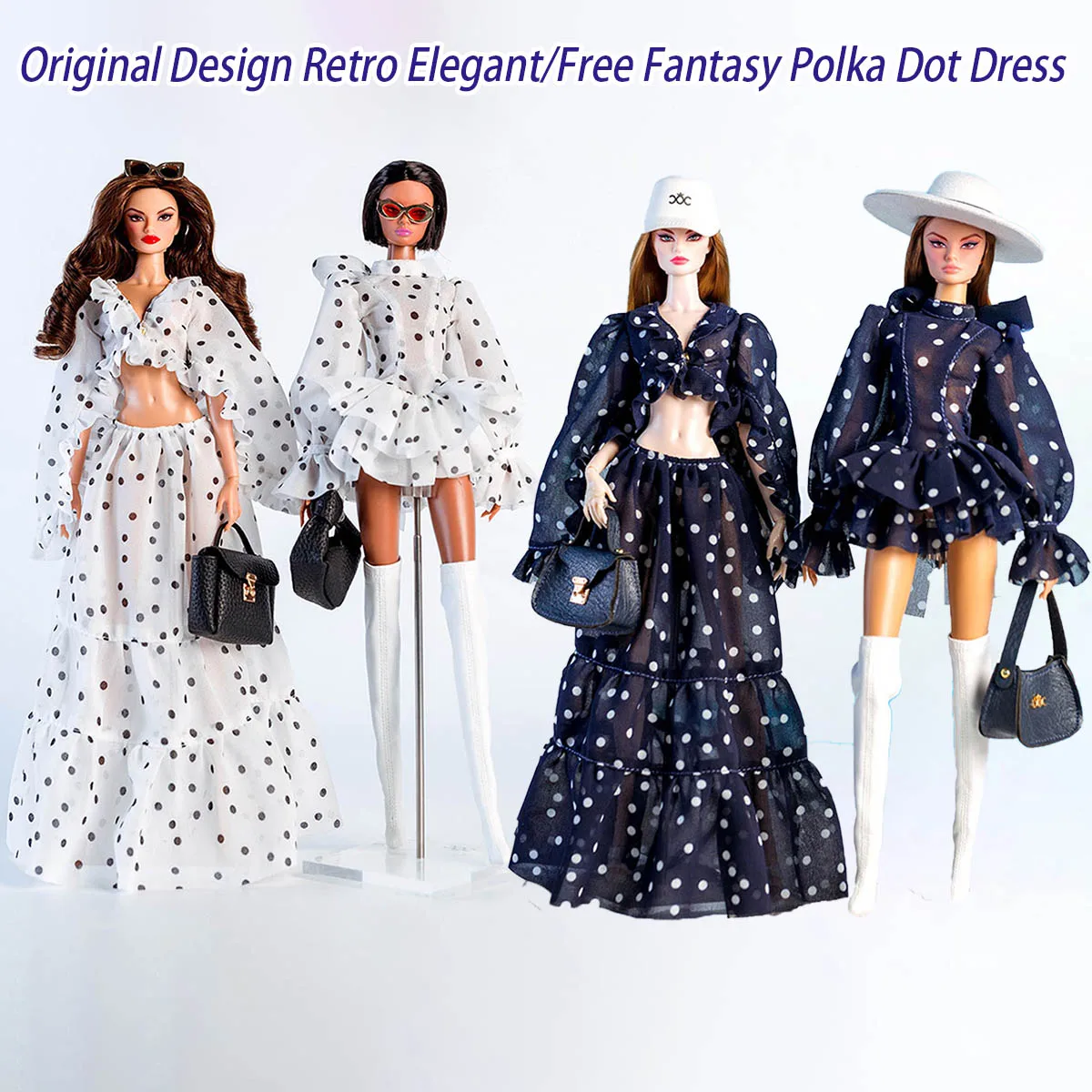 Original Design Supermodel Doll Clothes Retro Casual Summer Beach Series Polka Dot Dress+Classic Handbag Set 1/6 Doll Daily Wear