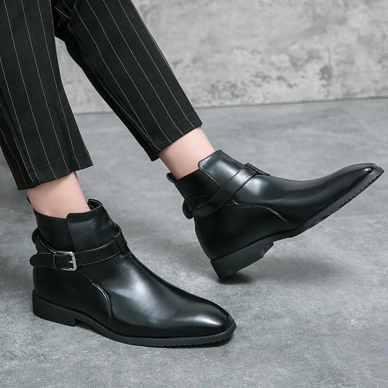 British New Men Chelsea Boots Pointed Waist Strap Metal Fashion Buckle Casual Simple Ankle Boots Black  Size 38-48Men boots