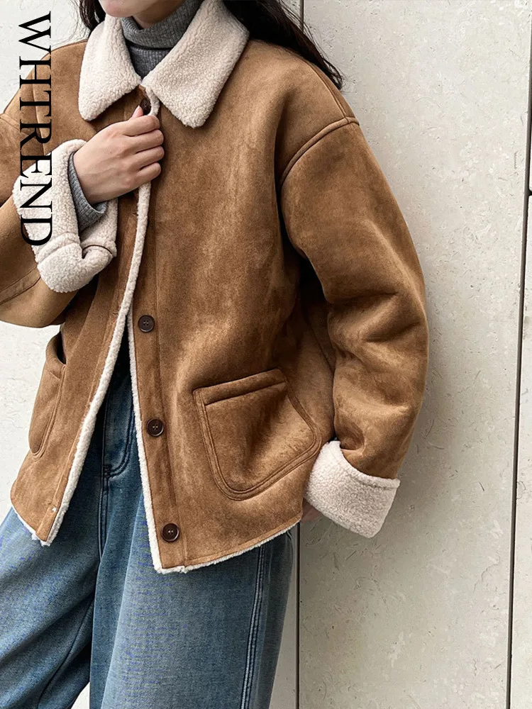 

WHTREND шерстяное пальто из овчины для женщин, женская утолщенная зимняя куртка с лацканами и длинными рукавами, пальто WH2182