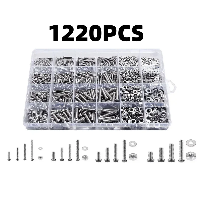 1220-teiliges M2-M5 Edelstahl-Schrauben-, Muttern- und Unterlegscheiben-Set, Phillips-Flachkopfschrauben-Sortiment für DIY-Reparaturen