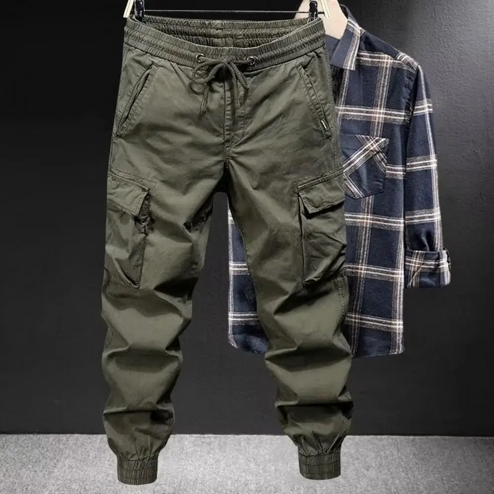 

Men Cargo Pants Solid Color Drawstring Elastic Waist Long Trousers Loose Multi Pockets Ankle-banded Hip Hop Trousers