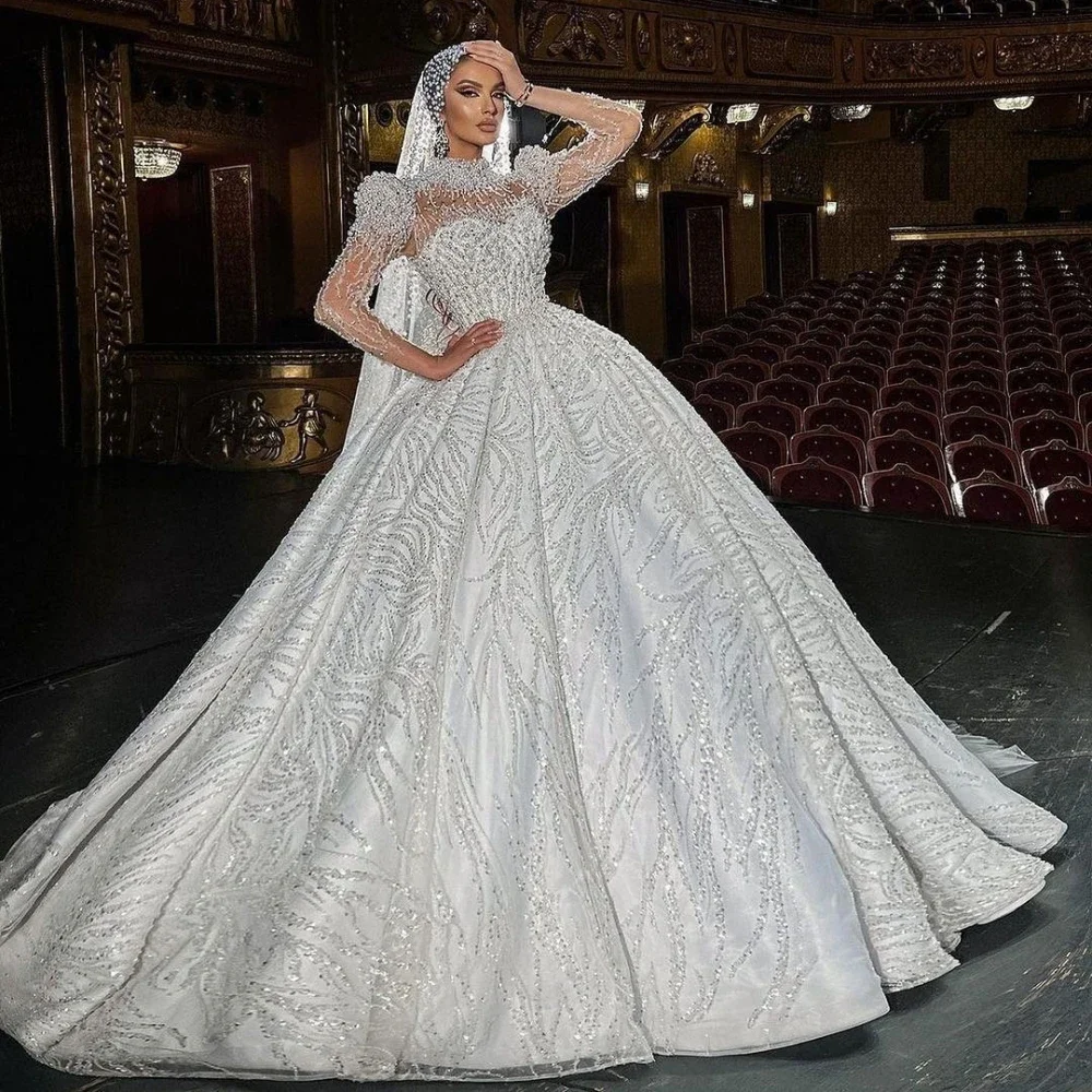 Customized Muslim High Collar Long Sleeve Wedding Dress Luxury Beads Pearls Bridal Gown Ball Gowns For Bride Vestidos De Novia