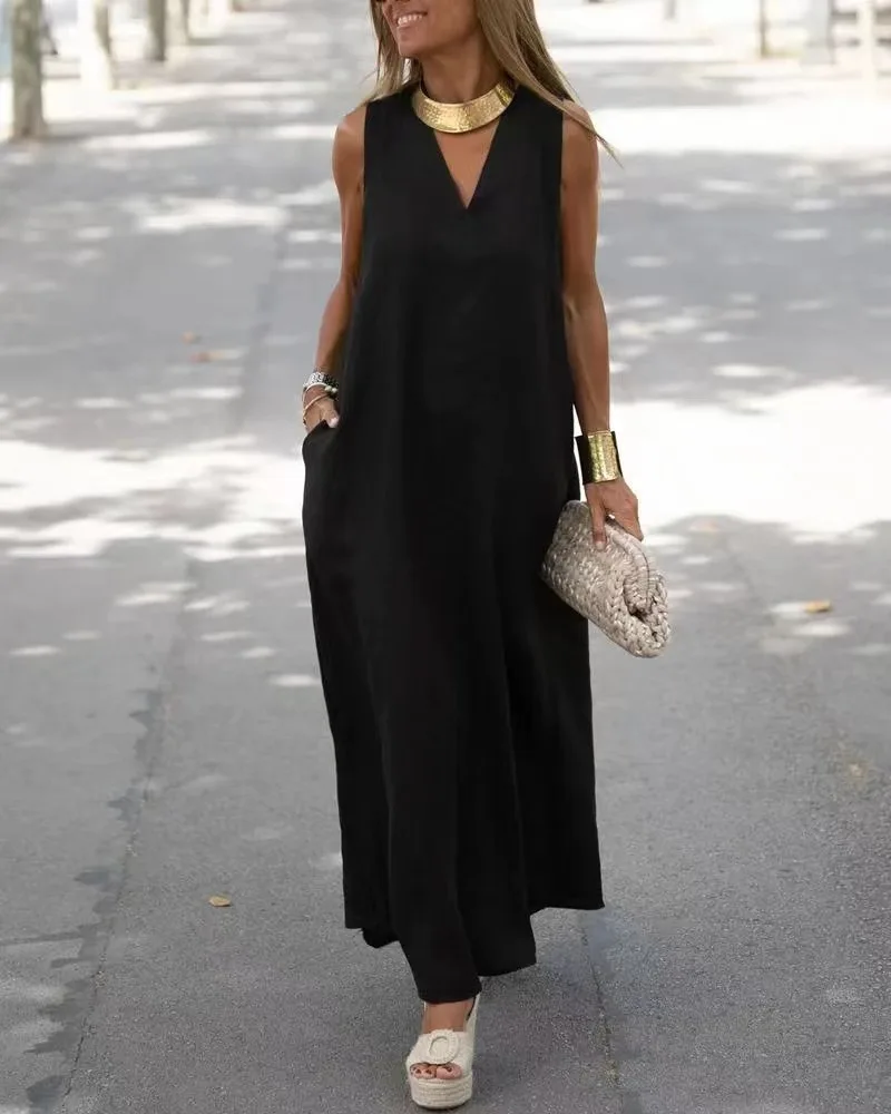 2025 ฤดูใบไม้ผลิ/ฤดูร้อนใหม่ผู้หญิงลึก V คอยาวขนาดใหญ่ผ้าฝ้ายสีขาวกัญชาชุดเซ็กซี่ชุด