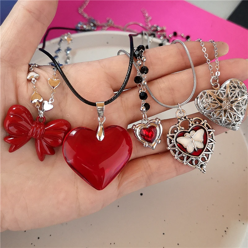 Y2K Red Glass Crystal Heart Metal Bowknot Pendant Chain Necklace Women Gothic Harajuku Retro Jewelry Accessories Christmas Gift