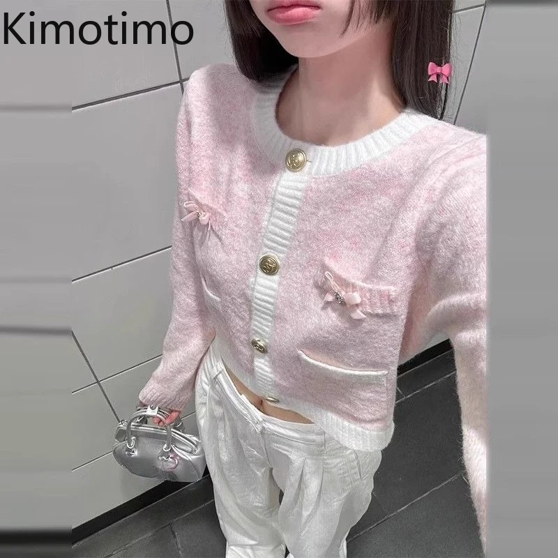 

Kimotimo Sweet Pink Bow Sweater Cardigan Women 2025 Autumn Winter Long Sleeve Short Knitted Coat Small Fragrance Versatile Tops