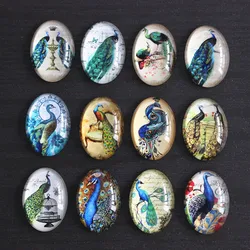 13x18mm 18x25mm 30x40mm Random Mixed Peacock Flower Oval Glass Cabochon Flatback Photo Base Tray Blank DIY Accessories K06322
