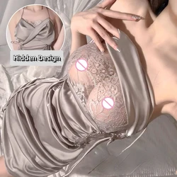 Hidden Chest Open Hole Mini Dress Women See Through Erotic Summer Hollow Out Sexy Outdoor Sex Short Lingeries Hot Girl Clubwear