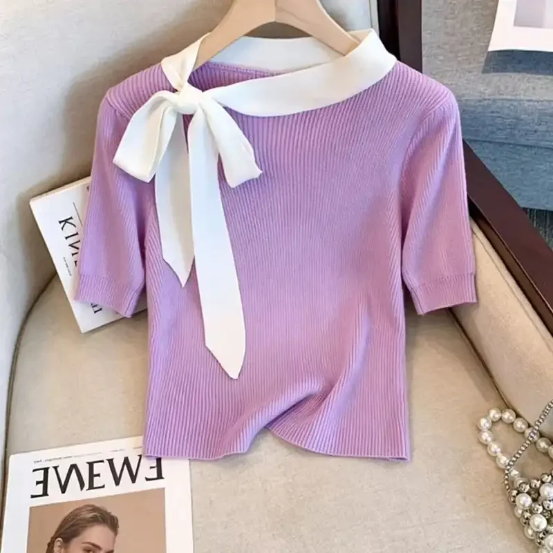 Pink Ribbed Short Sleeve Top With White Sailor Collar And Bow Detail For Women Sweet Style Office Wear Spring Autumn Casual Look