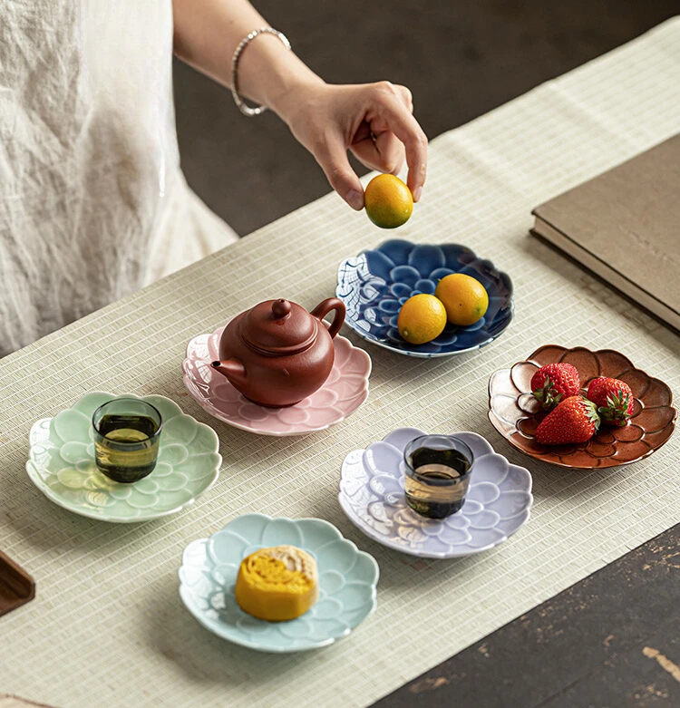 

Ceramic small dim sum plate, refreshment plate, creative Chinese fruit saucer, snack plate, teapot, teacup holder, pot holder.