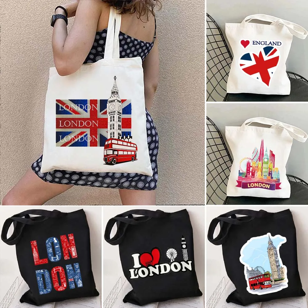 

United Kingdom London England Flag Map Shopper Canvas Tote Bag Vintage Bus Big Ben Bridge Phone Booth Trip Travel Cotton Handbag