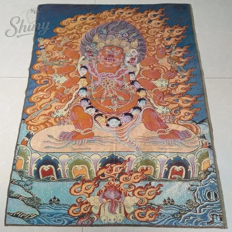 

35.4″ Guardian Deity Statue Brocade Tibetan Tangka Embroidery Painting Gold Thread Embroidery Decorative Hanging Pictures