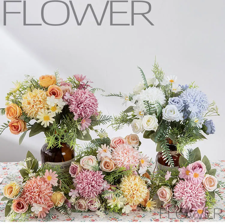 Rosen-Chrysanthemen-Seidenstrauß Künstliche Blumen Hochzeit Zuhause Valentinstag Kranz Gartenbogen DIY-Geschenk Bestseller Brautstrauß – Detail 2