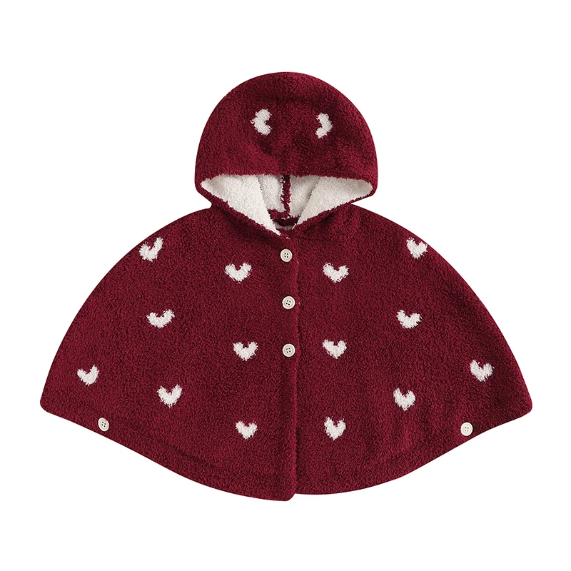 Infant Girls Winter Ponchos with Hood Love Heart Pattern Crew Neck Botton Down Cozy Stylish Coats