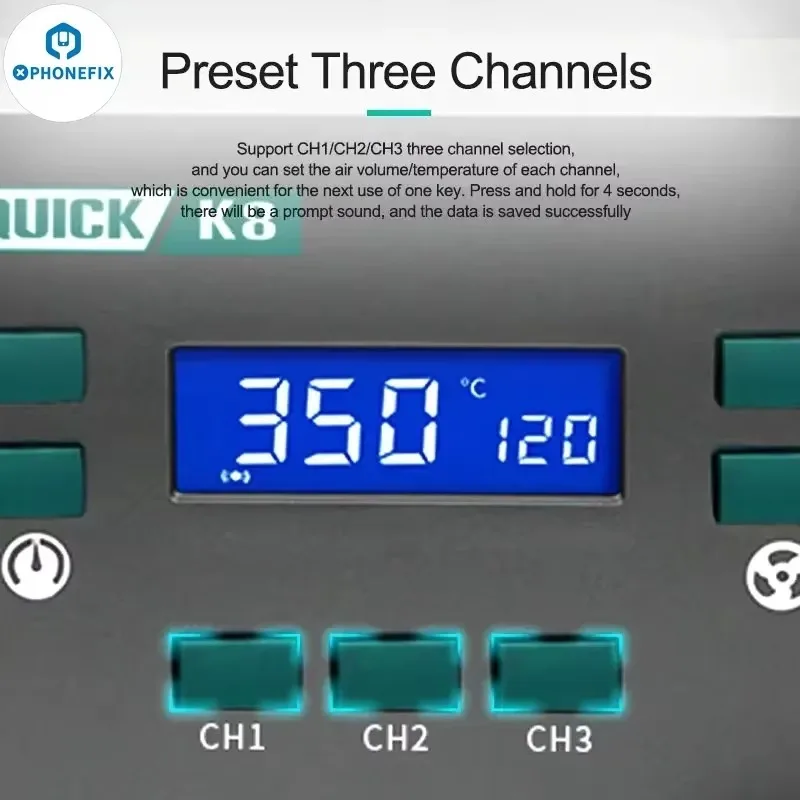 Quick K8 1000W Lead-free Hot Air Soldering Station Three Channel Tin Removal for Phone Motherboard PCB SMD Welding Repair Tool