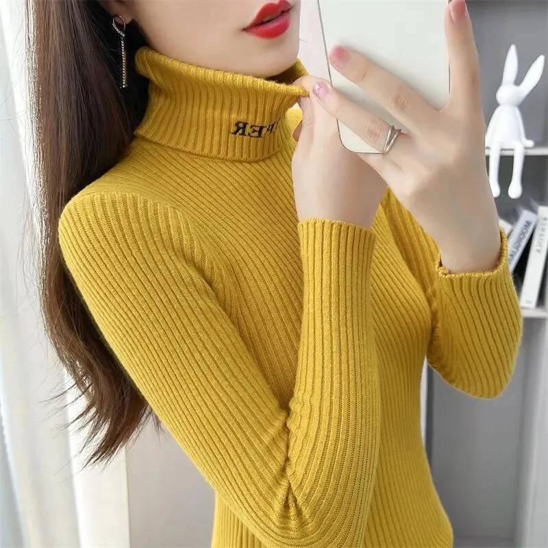 Turtleneck Letter Pullover Sweater Women Coat Top New Spring Autumn Basic Bottoming Sweater Slim High Elastic Sweater Inside