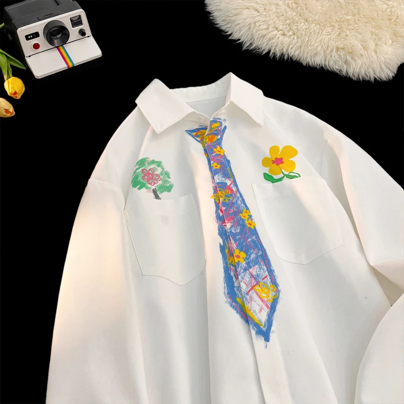 Chic Cartoon Painted Print Long Sleeve Shirt for Men Tie Pattern Design Shirt White Shirt Copule Tee Holiday Beach Clothes