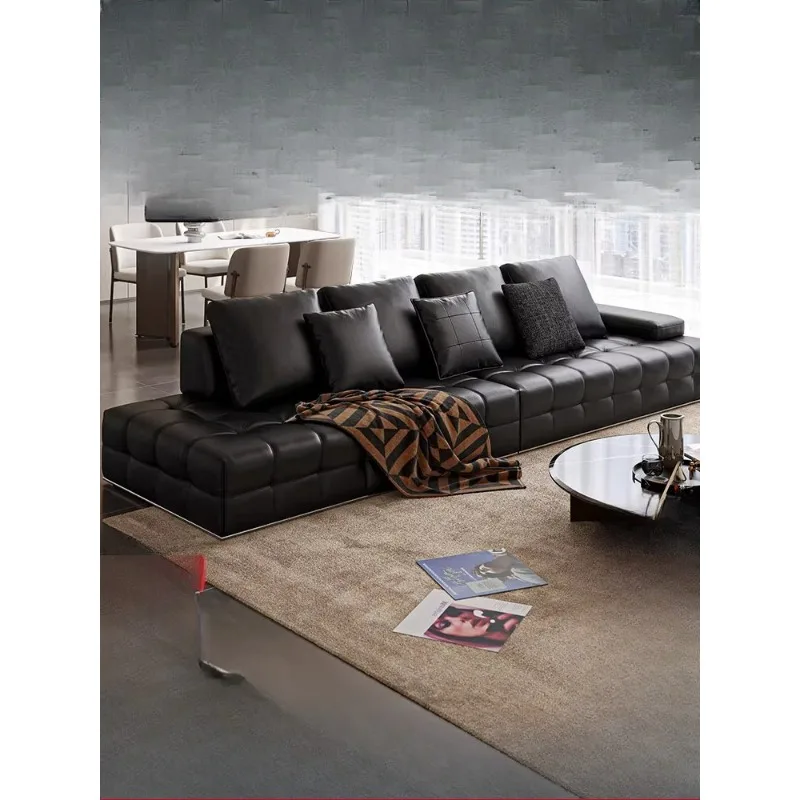 

Black leather sofa living room new big black cow straight row sofa