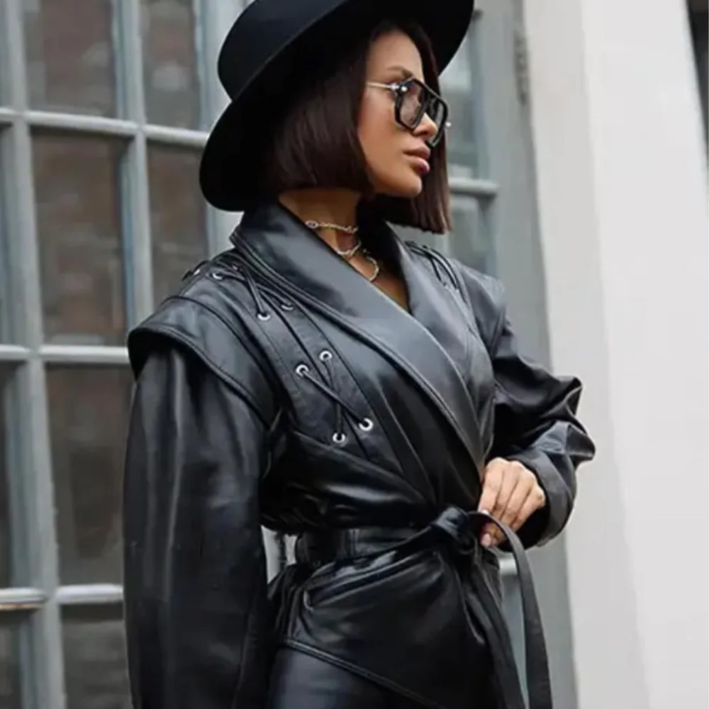 تصميم كاجوال نسائي شتوي جديد مع سترة جلدية كلاسيكية على الطراز الأوروبي والأمريكي