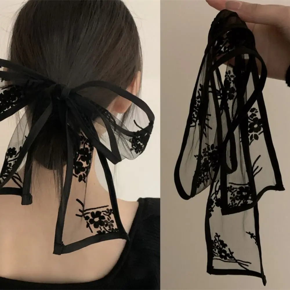 Y2k-correa para el cuello de encaje con flores dulces, decoración de vestir, banda para el pelo de estilo coreano, pañuelo para la cabeza con cinta larga transparente
